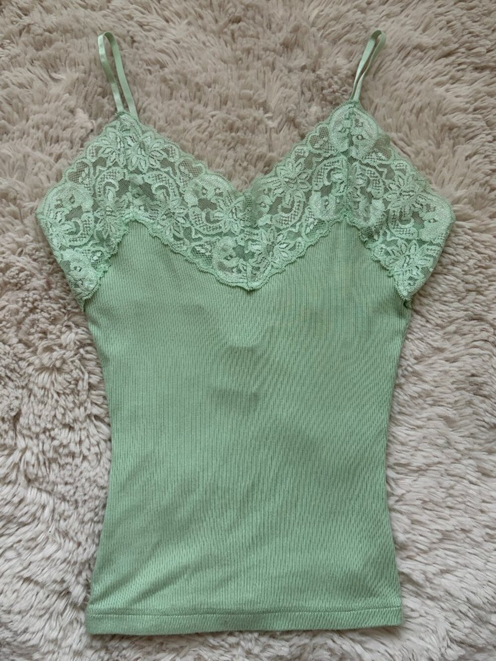 Bebe Y2K Mint Apple Green Lace Trim Ribbed Camisole Top Size Small